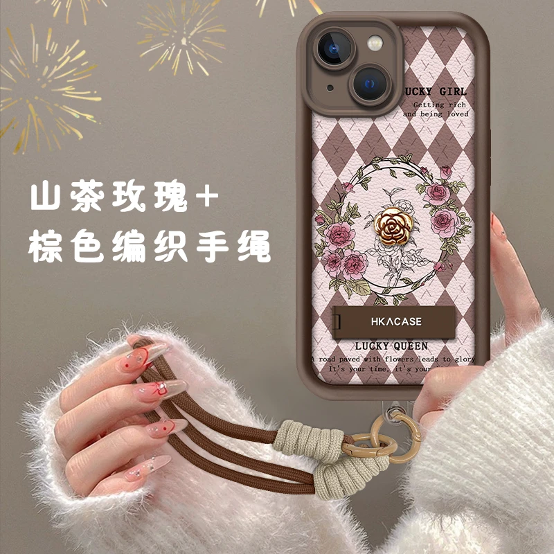 适用于苹果13/14/15手机壳气质格纹山茶花新款彩壳天眼阶梯小羊皮