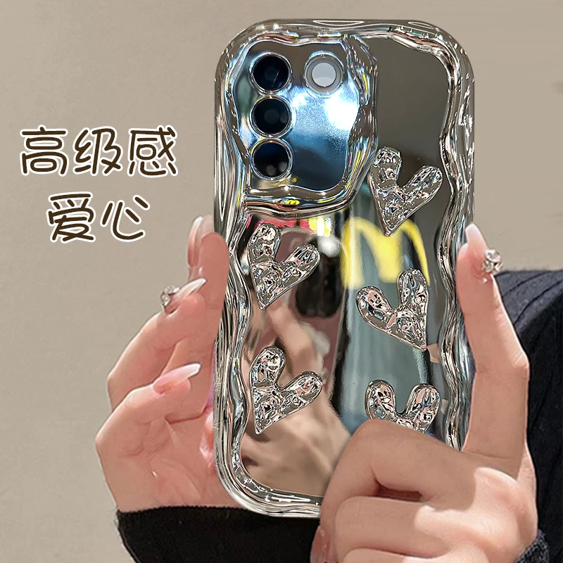 适用VIVOS16手机壳S16Pro/S16E电镀奶油纹褶皱立体爱心全包防摔