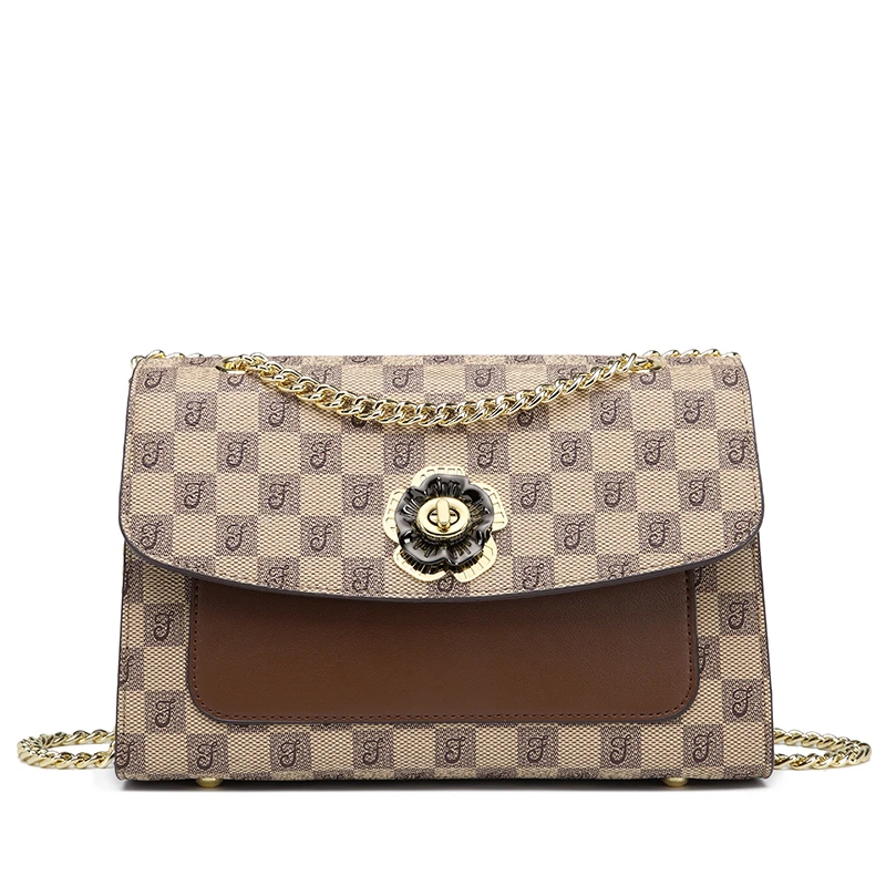 印花山茶花女包2024新款链条小方包复古轻奢单肩包斜挎包通勤炸街