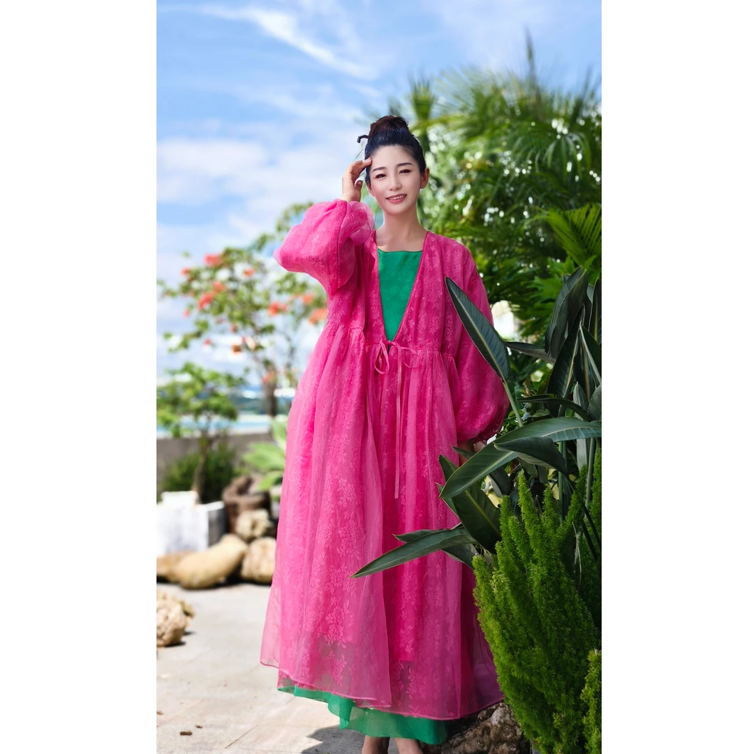 彬壹冉春季新款大气时尚气质重磅桑蚕丝开衫宽松连衣裙5586