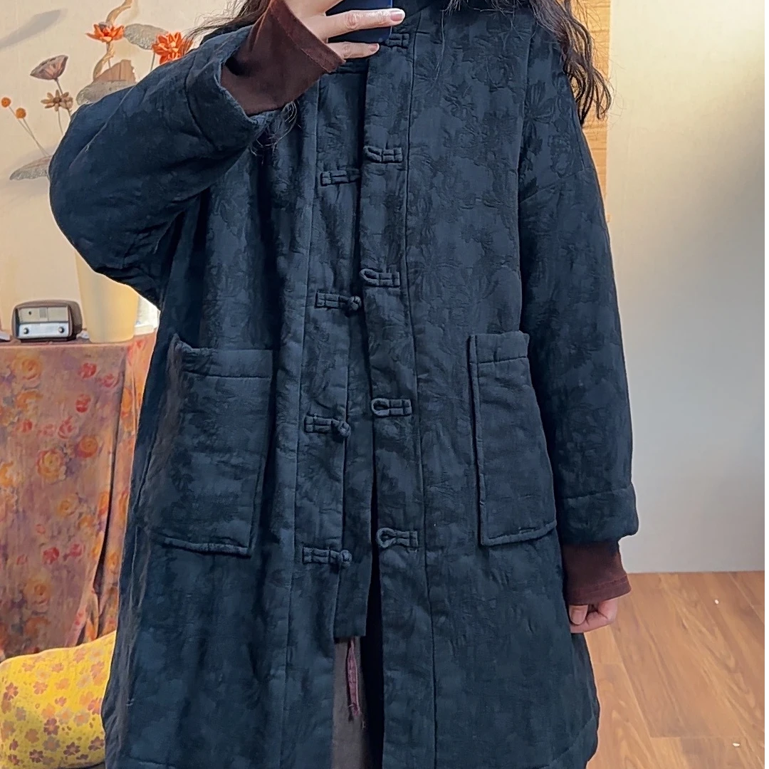 【麻黛儿】提花亚麻炒色中式中长款棉衣（长92胸围146）