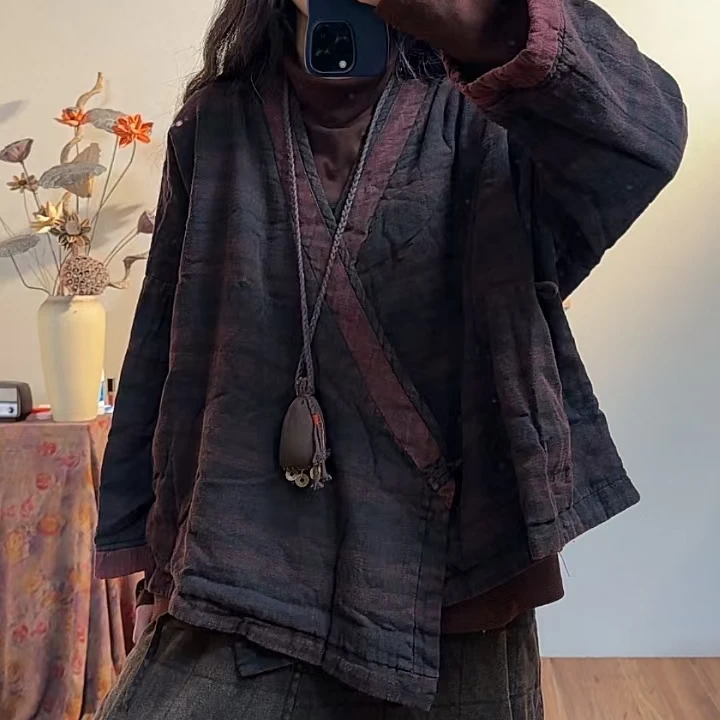 【麻黛儿】禅意色织亚麻植物染夹棉茶服(长63胸围150)