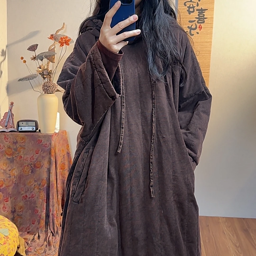 【麻黛儿】连帽炒色做旧净版长款棉袍（长110-120胸围160）