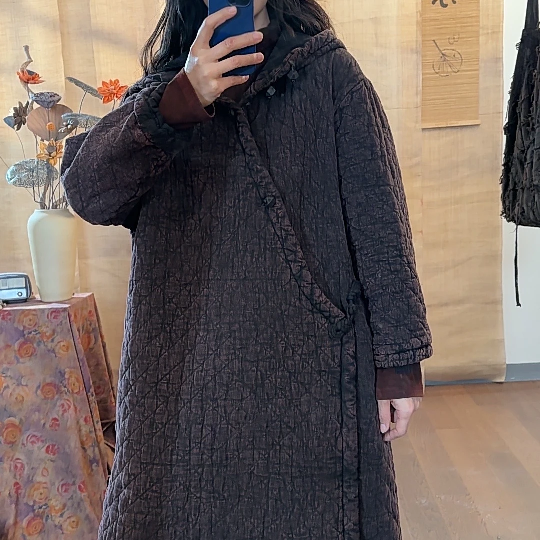 【麻黛儿】连帽复古斜襟夹棉长款麻袍（长125胸围150）