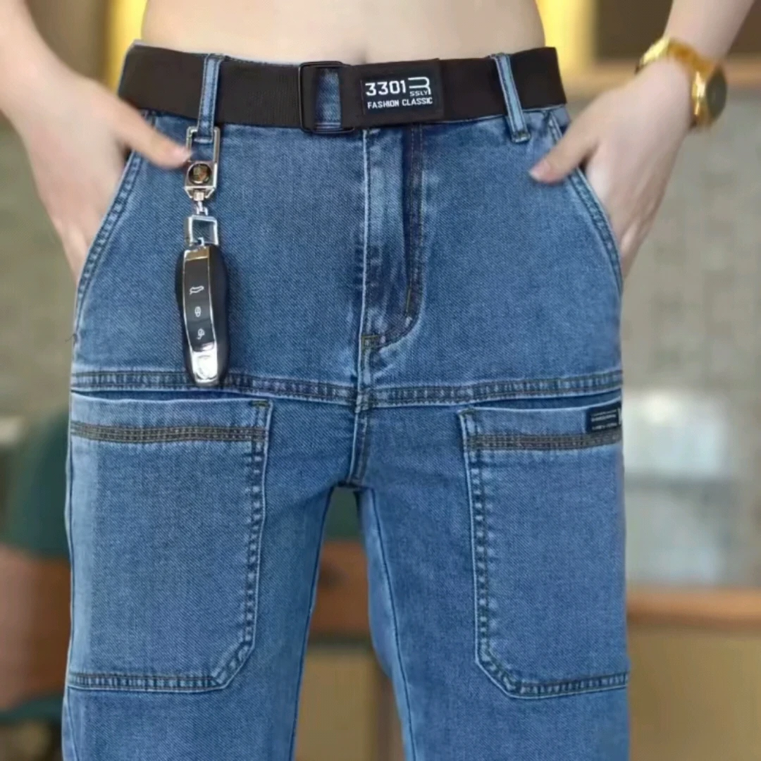 潮流六兜新品男士牛仔裤秋冬季男款多口袋直筒男长裤弹力牛仔裤男