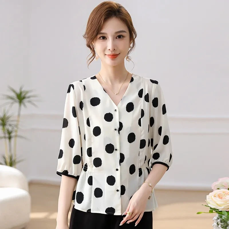 法式波点显瘦衬衫女短袖夏季上衣圆点年轻气质名媛大码洋气小衫