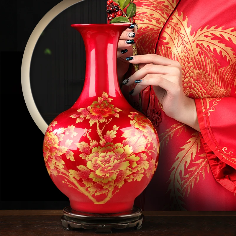 【景德镇瓷】中国红金沙水晶釉花开富贵赏瓶 送木底座