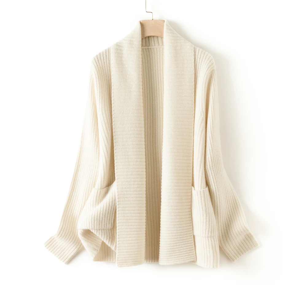 【100%绵羊毛】秋冬女士抽条翻领毛衣开衫慵懒风加厚针织外套38006