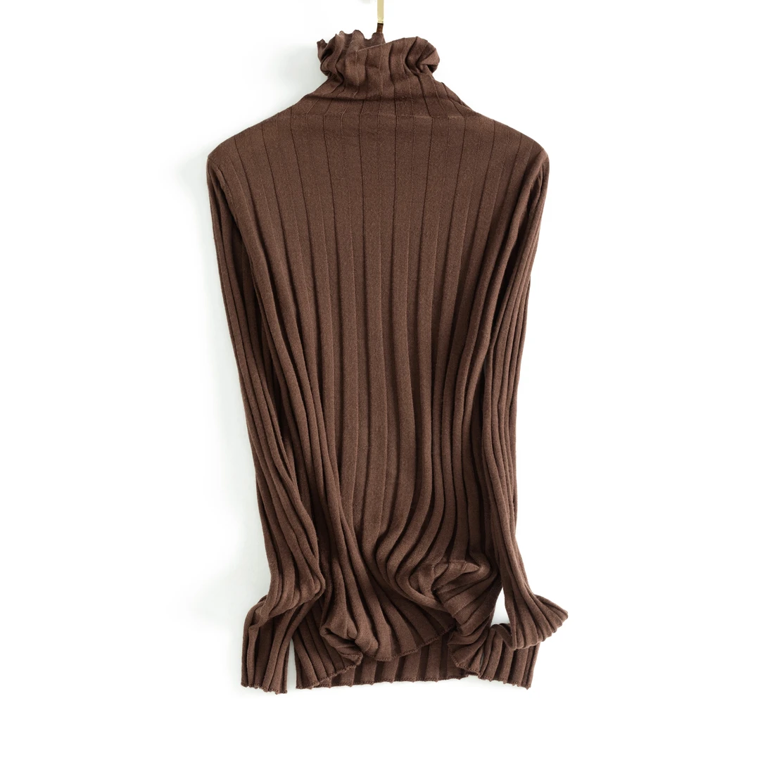 【100%精纺绵羊毛】秋冬女士竖条纹理羊毛衫时尚堆堆领针织衫39042