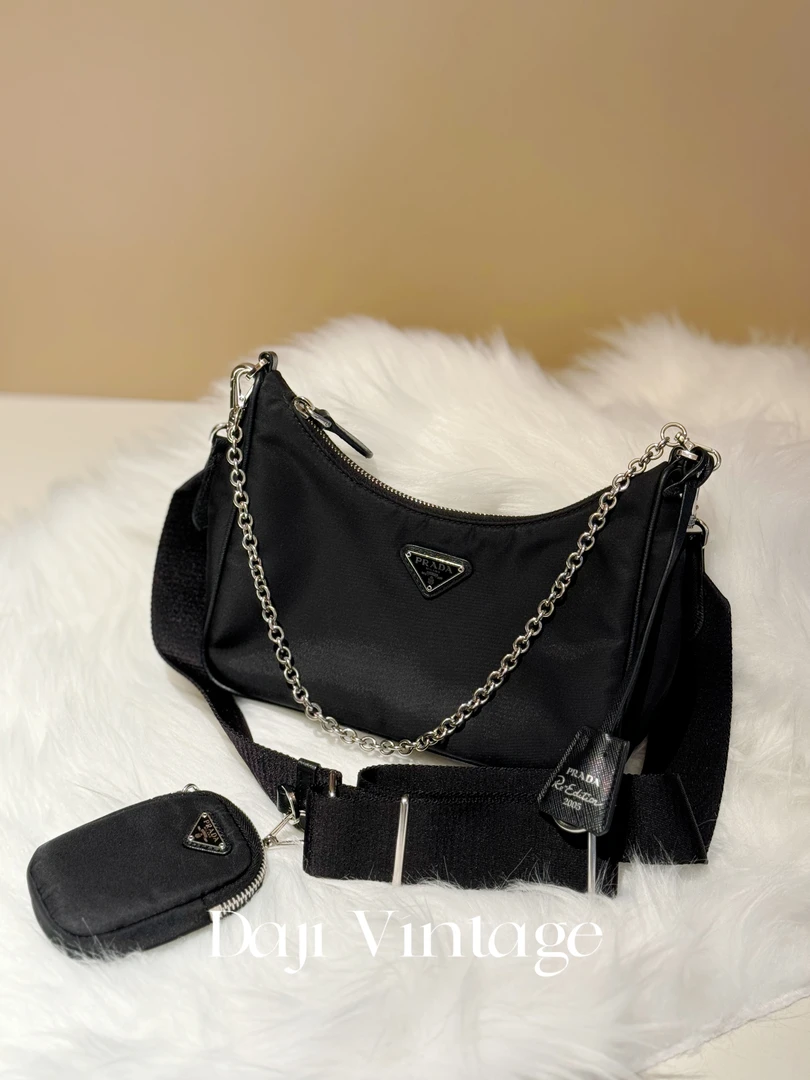 99新 Prada/普拉达 大吉中古/Prada普拉达黑银三合一hobo斜挎包