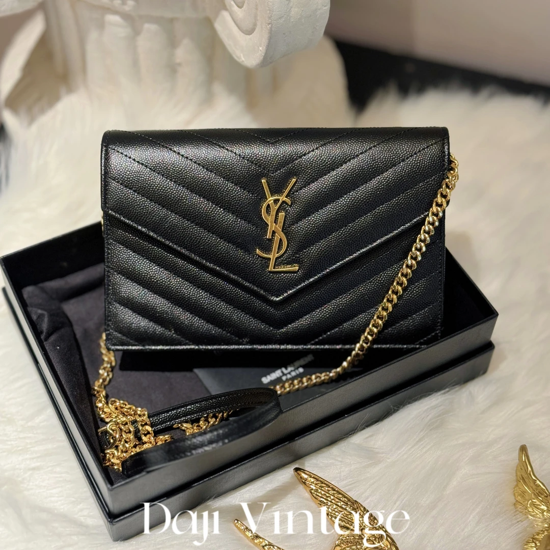 99新  大吉中古/Ysl圣罗兰黑金粒面压纹信封包斜挎包