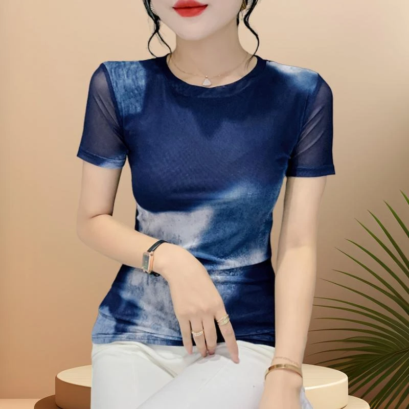 春夏季新款女人味上衣时髦短袖流行T恤时尚洋气妈妈装网纱打底衫
