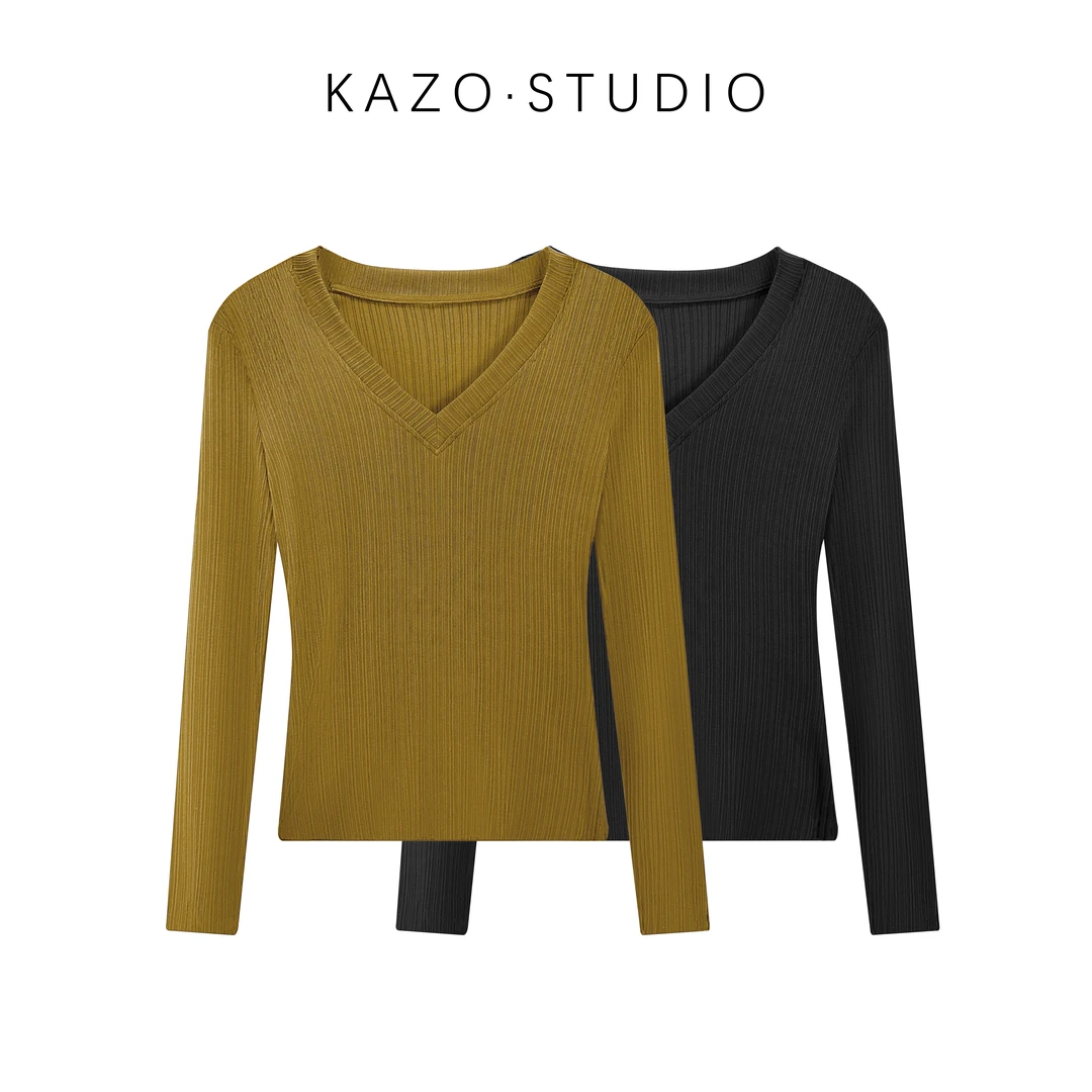 《气质加分》竖条纹长袖v领极简风设计感打底衫上衣