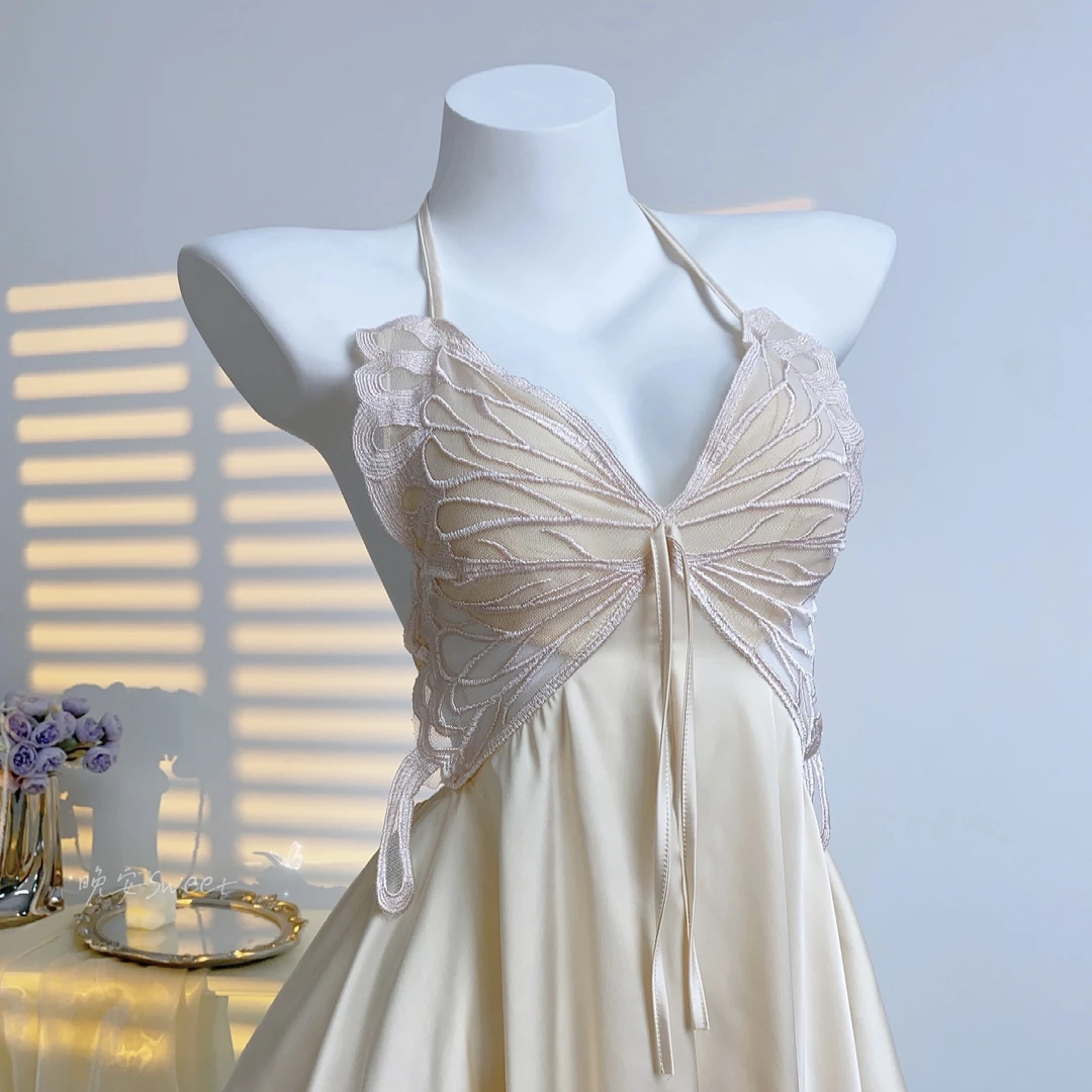 【80-180】纯欲风蝴蝶吊带性感睡裙套装带胸垫显瘦女露背气质蕾丝