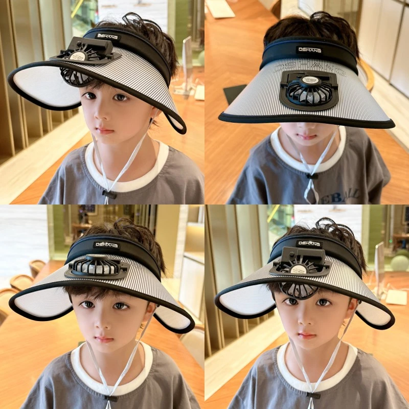 儿童防晒帽带风扇防紫外线男童帽子夏款宝宝遮阳帽儿童空顶太阳帽