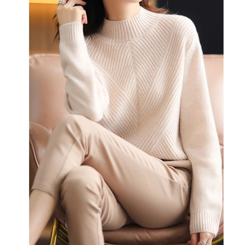 秋冬上新百搭半高领羊毛衫女加厚100纯羊毛宽松显瘦套头羊毛毛衣