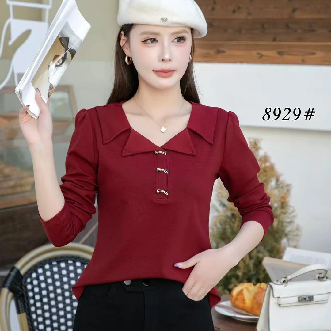 复古港风长袖抗菌T恤时尚修身翻领纯色女士打底衫春秋洋气