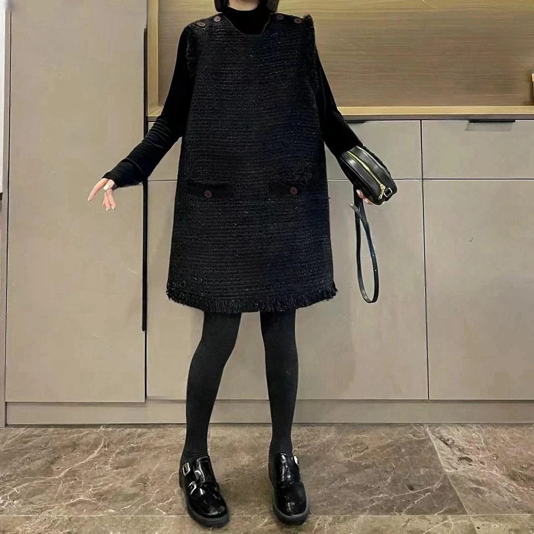 气质减龄小香风背心裙2025秋季大码胖MM时尚休闲新款黑色高级裙子