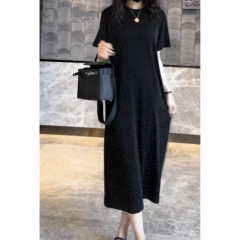 韩系满钻经典百搭圆领小黑裙2025夏季新款大码mm高级感显瘦连衣裙