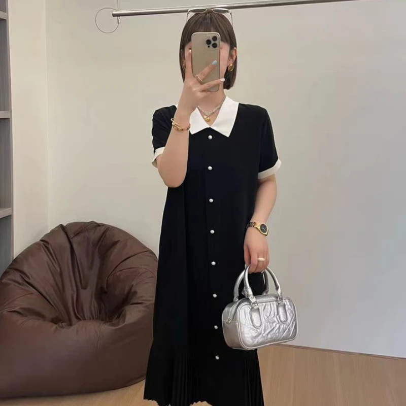 高级感小香风连衣裙女2025夏季大码新款微胖mm减龄显瘦遮肉小黑裙