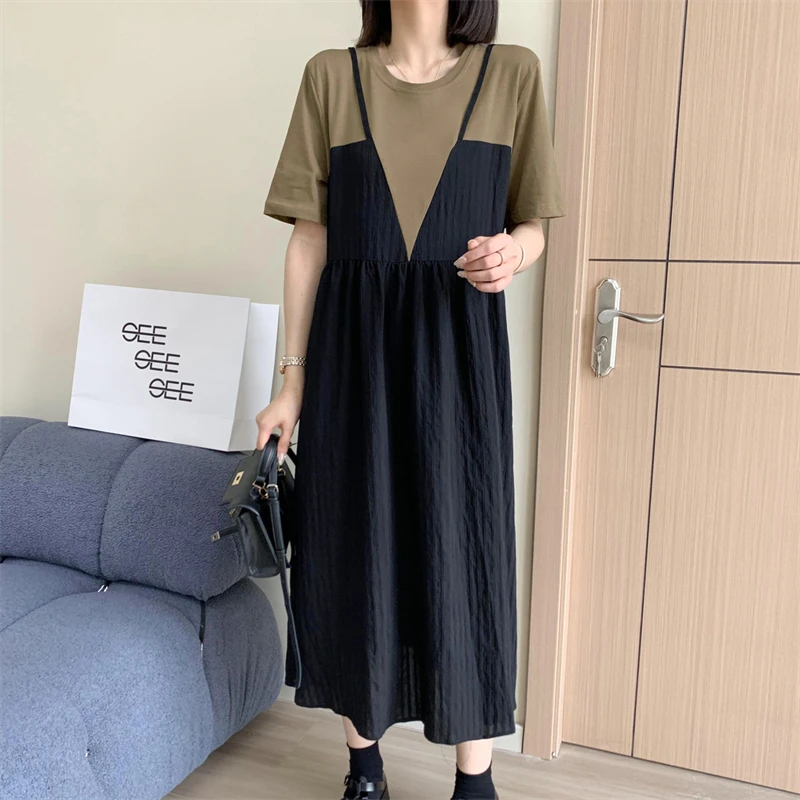 洋气时尚撞色连衣裙女2025夏季新款大码胖MM宽松显瘦通勤百搭裙子