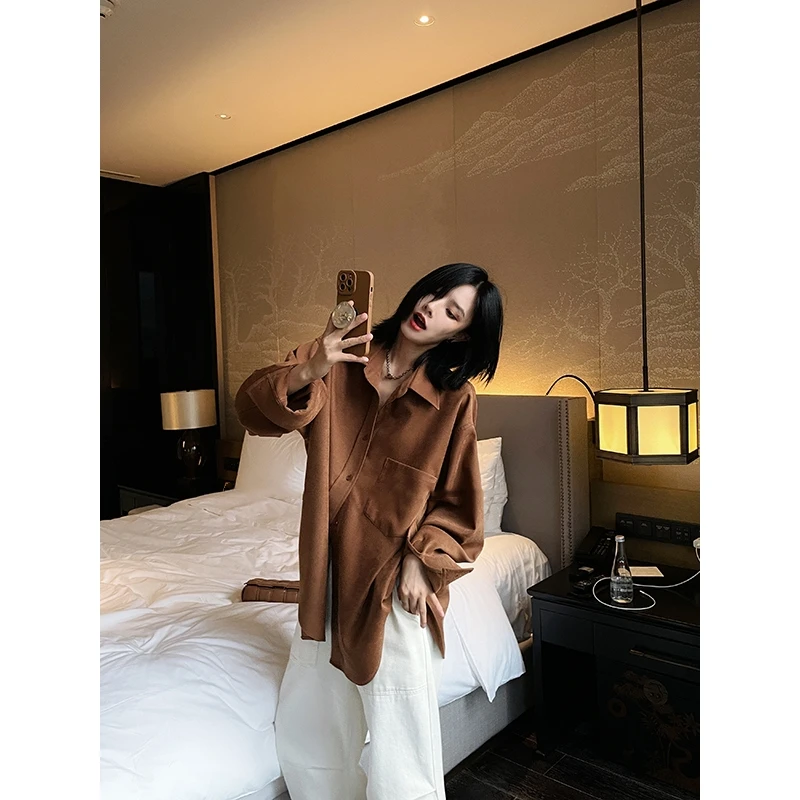 美式复古oversize叠穿衬衫2025秋季新款大码微胖MM高级感洋气衬衣