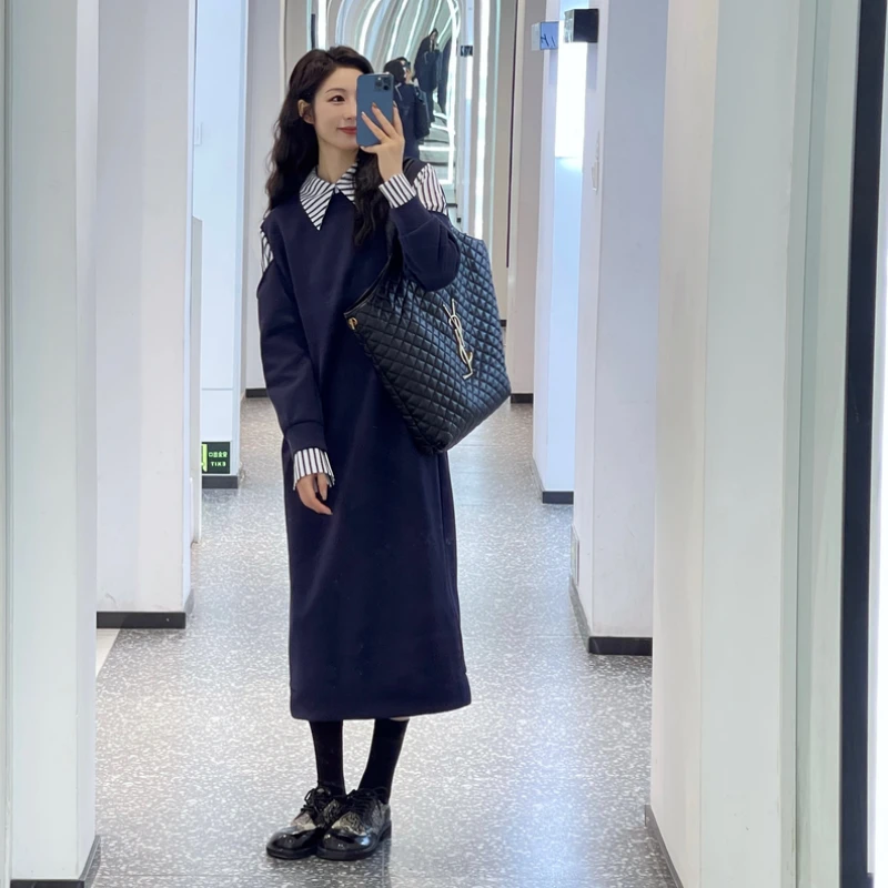 韩系条纹拼接假两件连衣裙2025秋新款大码胖MM高级感气质打底裙