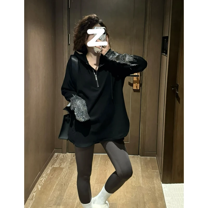 袖口烫钻连帽卫衣2025秋季大码胖MM新款时尚休闲长袖百搭纯色上衣