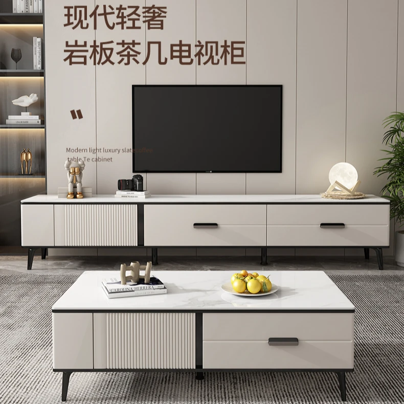 岩板轻奢电视柜客厅简约意式方形储物烤漆极简白色家用茶几E2-12
