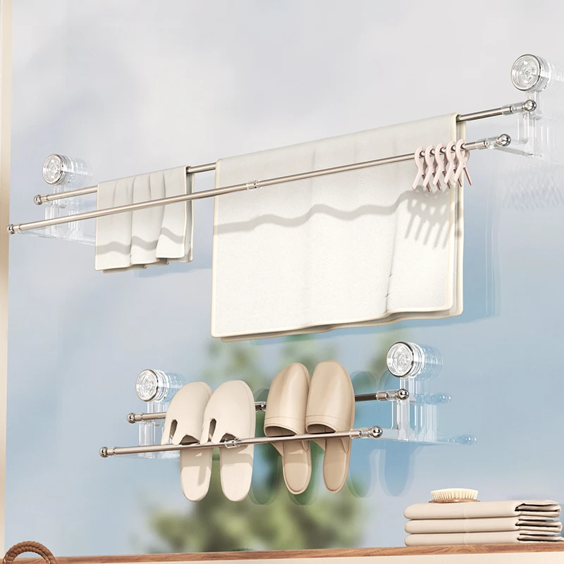 【佳立方】旋转吸盘伸缩双杆晾晒免打孔浴室双杆浴室浴巾架毛巾挂杆