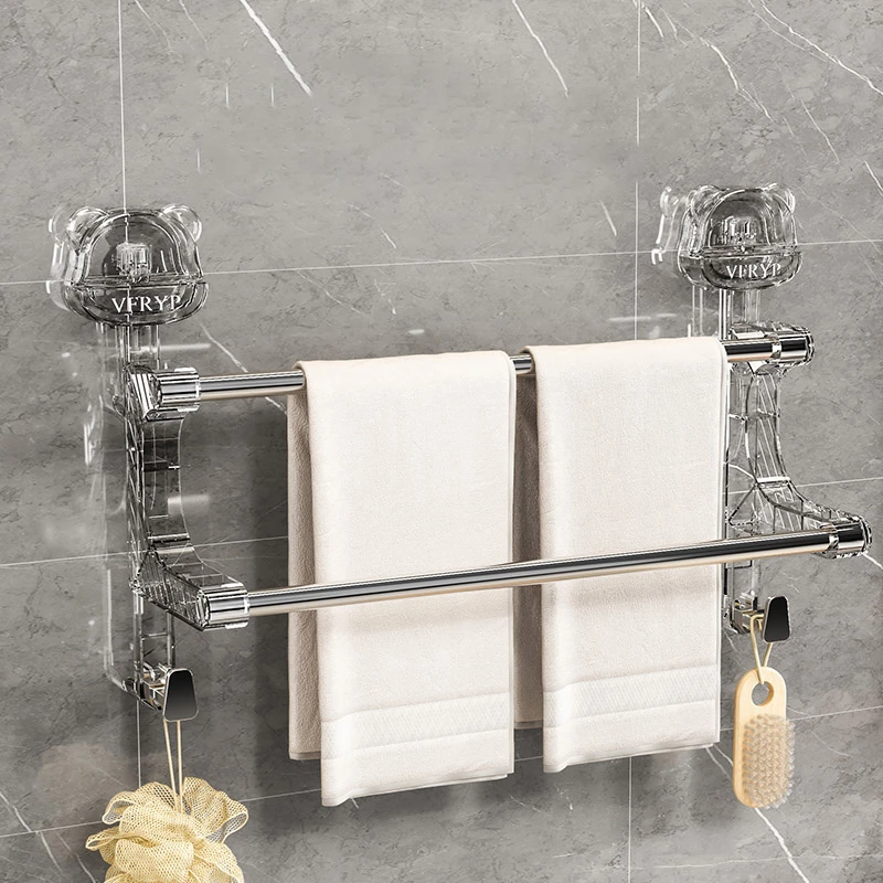 【佳立方】小熊吸盘双层毛巾杆家用卫生间壁挂式免打孔浴巾置物架