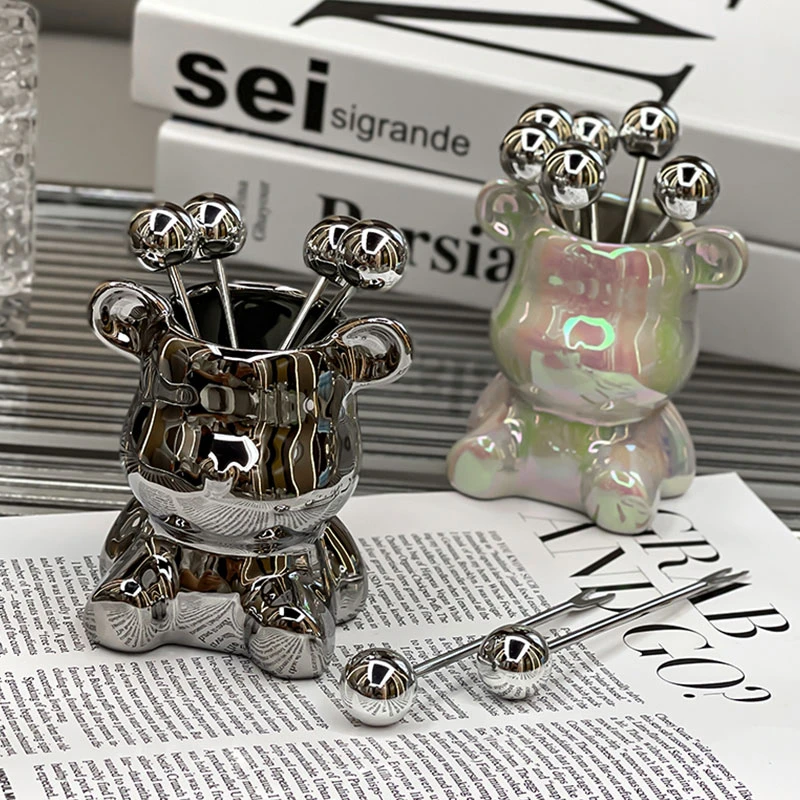 ins风不锈钢水果叉客厅茶几创意高档收纳罐家用高级感水果盘叉子