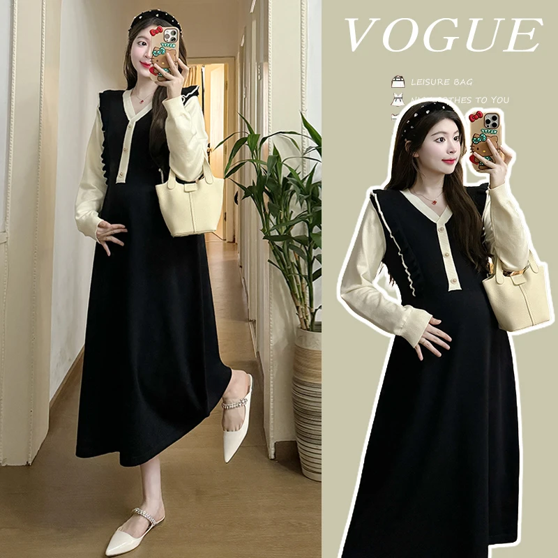 【丫丫推荐】孕妇装秋冬季加厚保暖宽松木耳边设计感V领撞色连衣裙