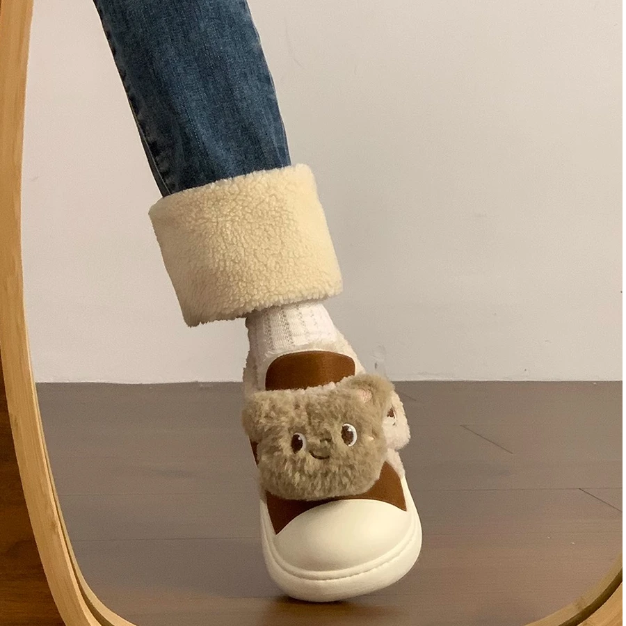 小熊可爱魔术贴包跟棉鞋女2024冬季新款外穿加绒保暖厚底雪地靴子