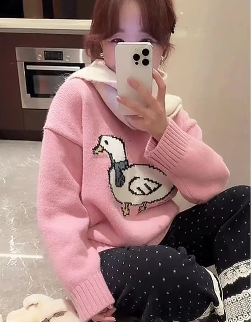富贵鸭提花卡通图案樱花粉加厚针织衫毛百搭衣时尚宽松套头休闲
