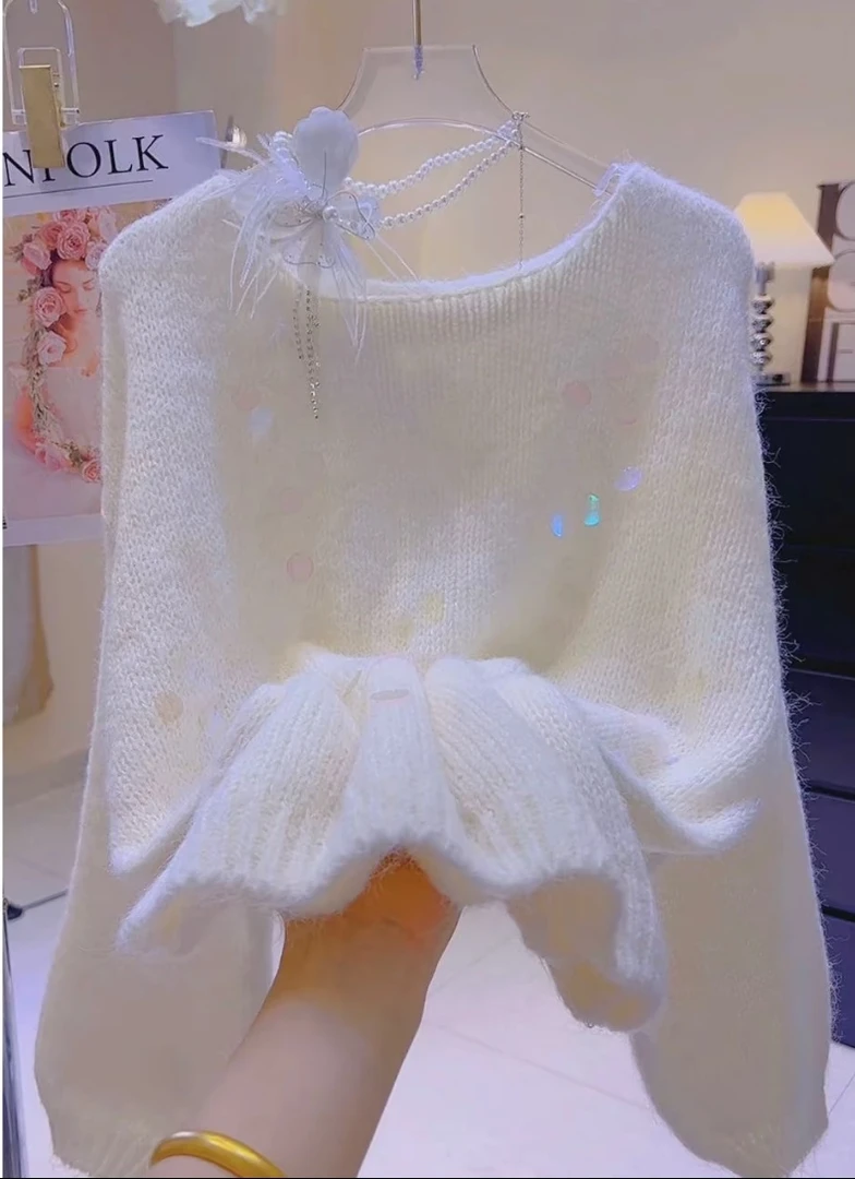 Xa112慵懒风重工亮片针织毛衣毛衣针织衫温柔套头设计感宽松气质