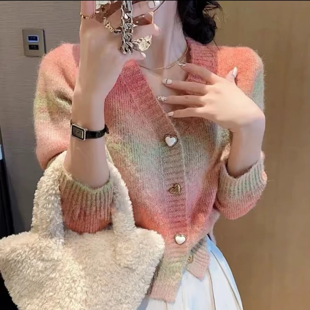 Tj157韩系慵懒风渐变晕染毛衣软糯绝美V领针织开衫毛衣针织衫气质