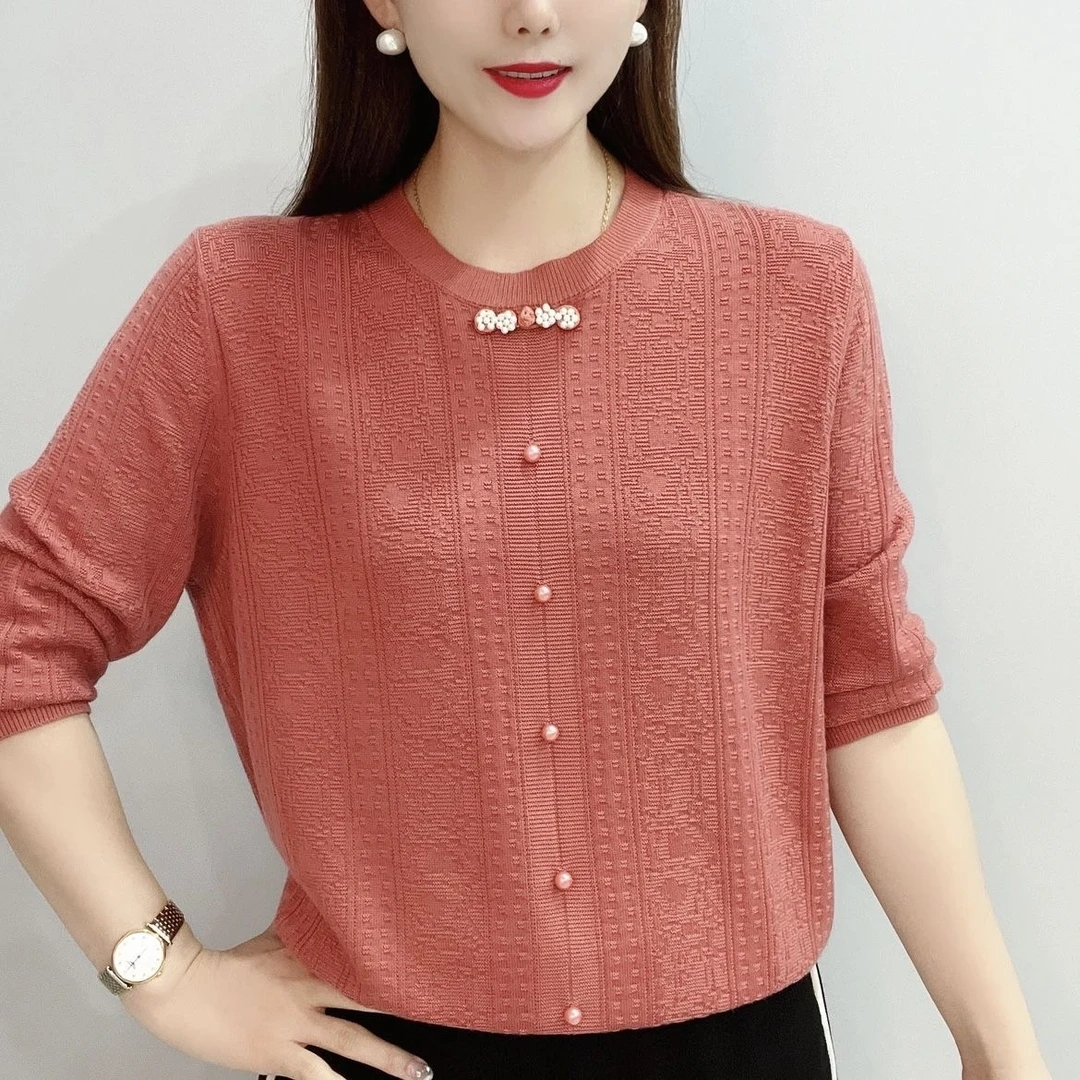 提花漂亮钉珠长袖针织衫套头中年女装秋季新款宽松遮肚洋气打底衫
