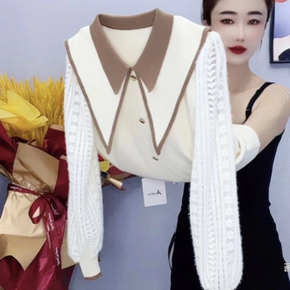 洋气娃娃领长袖针织衫女士2025秋冬新款宽松显瘦百搭减龄别致上衣