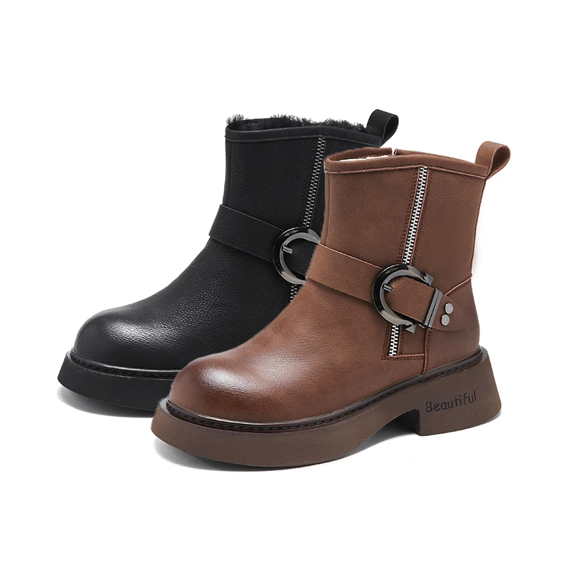 真皮雪地靴马丁靴女皮毛一体冬季百搭加绒高帮厚底大码棉靴短靴子
