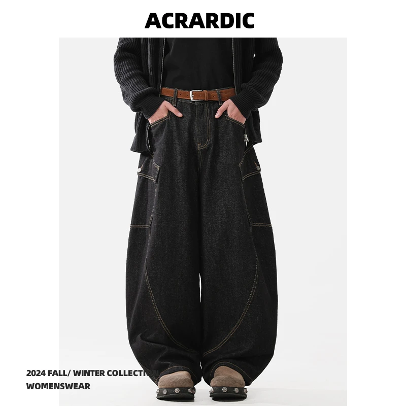 ACRARDIC潮牌怀旧黑弯刀牛仔裤男女街头美式cleanfit宽松阔腿裤子