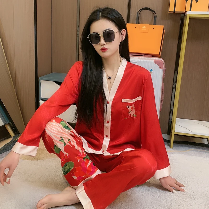 年年有鱼【冰雪丝】春季新款冰丝睡衣女甜美长袖家居服两件套可外穿