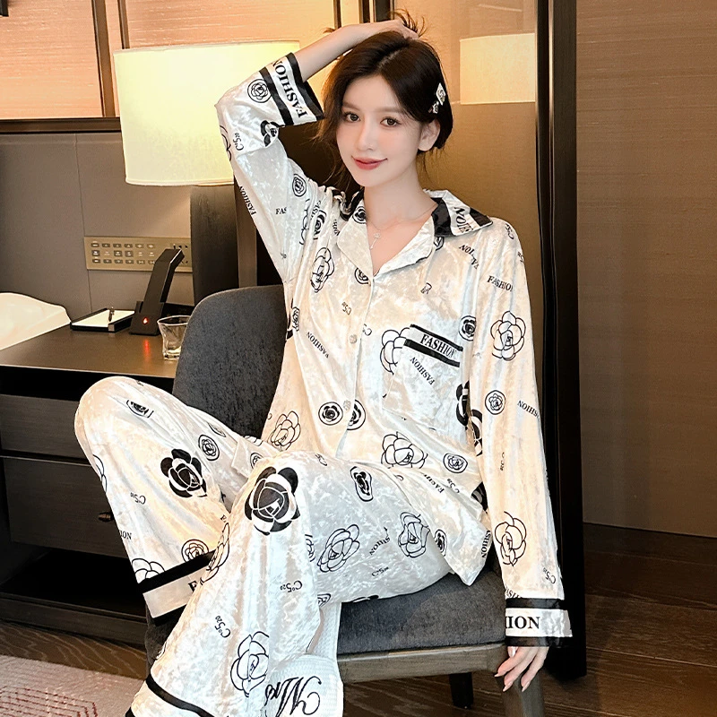 睡衣女秋冬季新款开衫金丝绒套装加厚奢华高级感钻石绒大码家居服