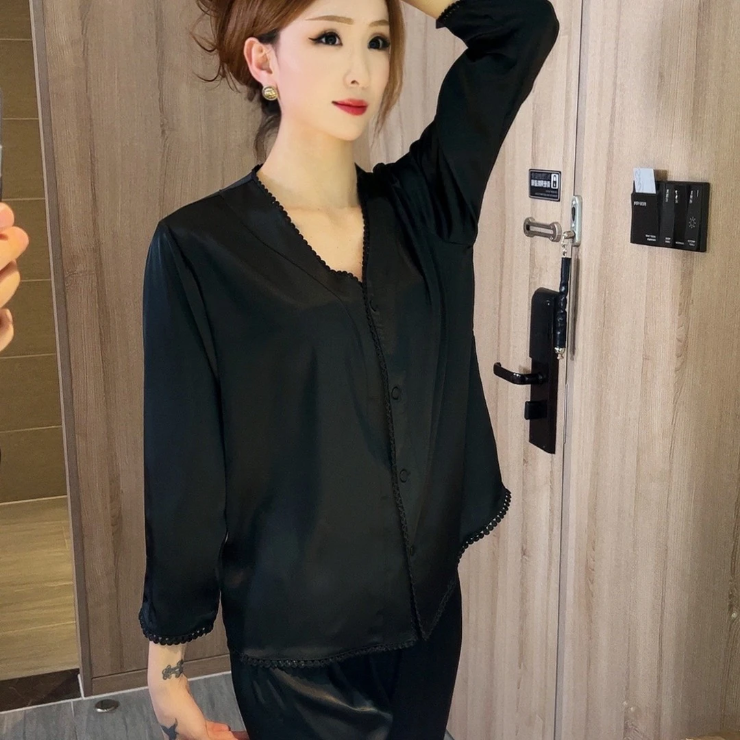 夏季冰丝睡衣女薄款V领长袖简约可外穿洋气轻奢高级感家居服套装