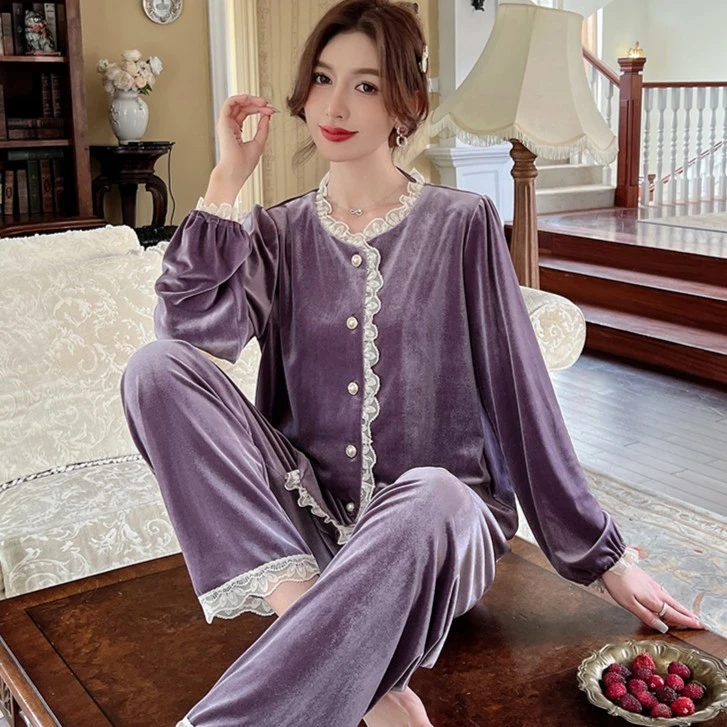 兰麦菓【金丝绒】春秋新款睡衣女套装长袖甜美可外穿网红保暖家居服
