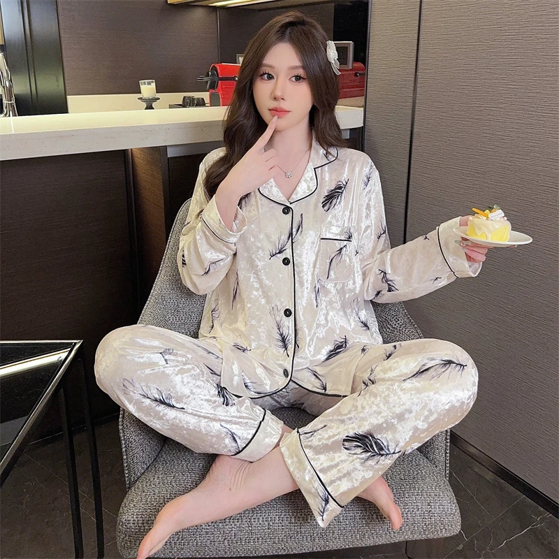 兰麦菓羽毛金钻绒睡衣女2024秋季新款奢华优雅金丝绒两件套家居服