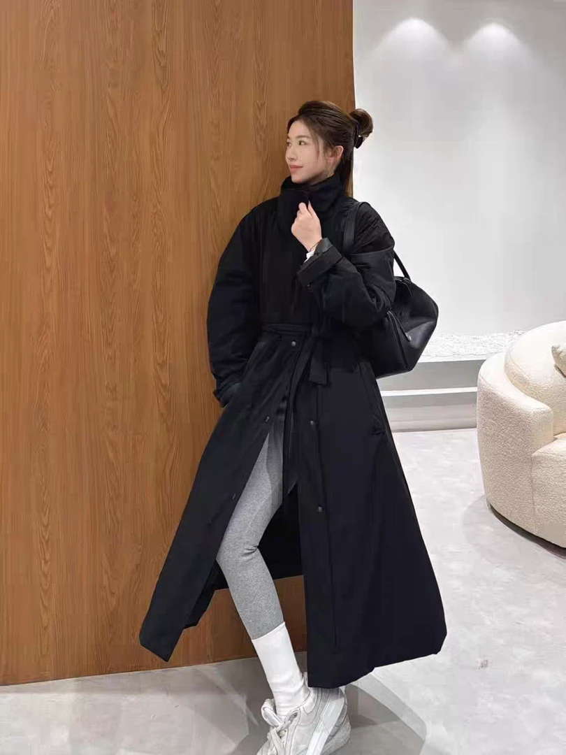 【投歌】2820欧洲站2024冬季欧货时尚酷飒风过膝长款系带棉服风衣潮
