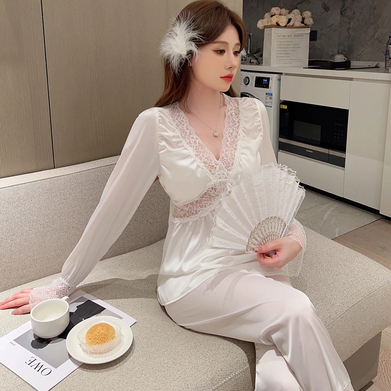 宾西比亚春秋季性感纯欲风长袖睡衣睡裙女镂空蕾丝薄款丝绸带胸垫