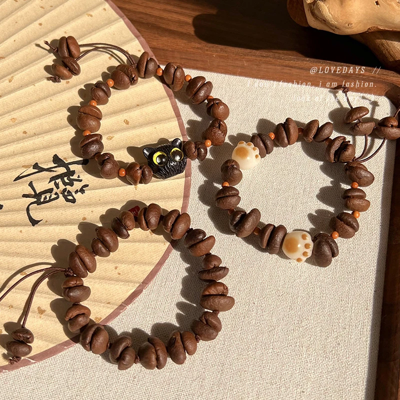 咖啡豆猫爪编织绳手链女生气质个性手串2025年新款情侣闺蜜手饰品