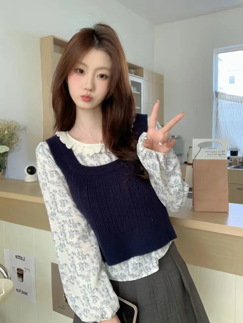 时尚两件套女装针织马甲背心2024春装新款碎花衬衫叠穿两件套气质